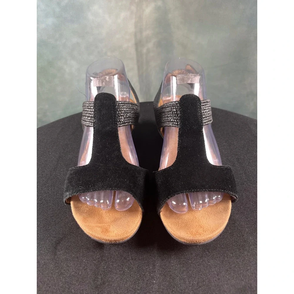 Vionic Kaytie Black Suede Leather Cork Wedge Slingback Sandals‎ Womens 8